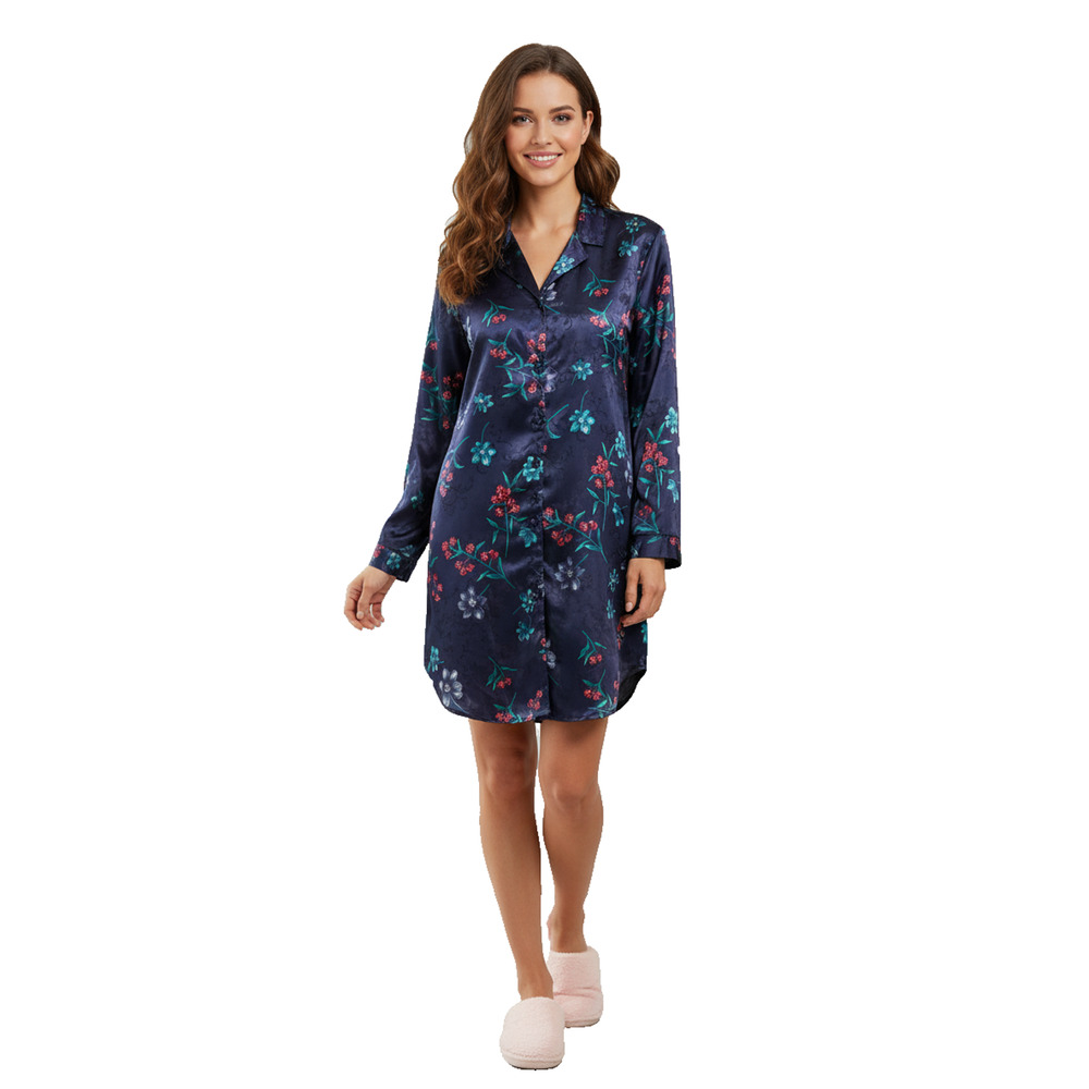 Intimate Moments Blue Floral Satin Nightgown Nightshirt Y2K Retro Look Elegant M